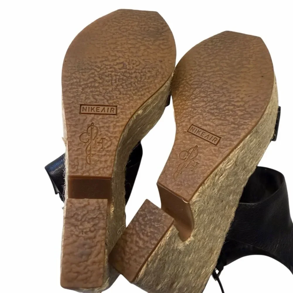 Cole Haan Black Ankle Strap Espadrille Wedges EUC size 8